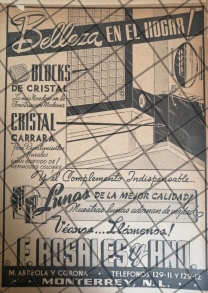 PUBLICIDAD ANTIGUA CRISTALES FRANCISCO ROSALES Y HNO 1945