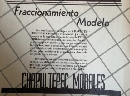 PUBLICIDAD ANTIGUA FRACC. CHAPULTEPEC MORALES 1940