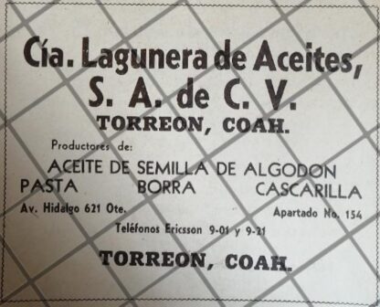 PUBLICIDAD ANTIGUA CIA. LAGUNERA DE ACEITES 1940 TORREON