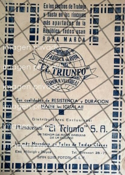 PUBLICIDAD ANTIGUA FABRICA DE ROPA EL TRIUNFO 1933 S.L. POTOSI