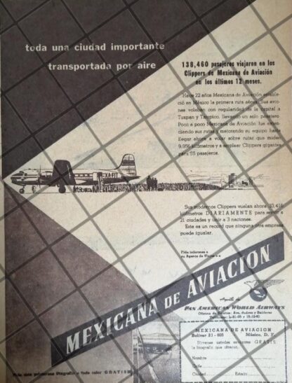 AFICHE ANTIGUO AEROLINEA MEXICANA DE AVIACION 1947