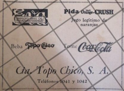 AFICHE ANTIGUO CIA. TOPO CHICO DE MONTERREY 1929