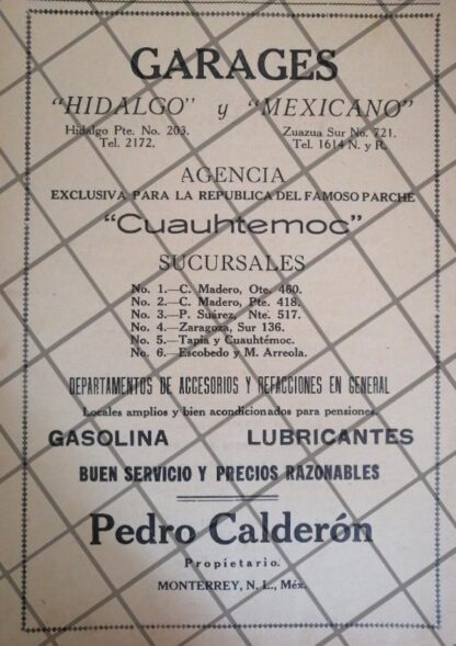 AFICHE RETRO GARAGES PEDRO CALDERON 1929 MONTERREY