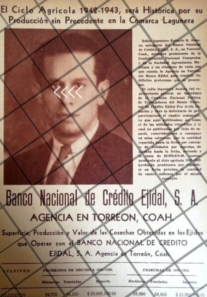 PUBLICIDAD ANTIGUA BANCO NACIONAL DE CREDITO EJIDAL 1943