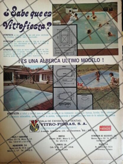 CARTEL PUBLICITARIO RETRO, ALBERCAS. VITRO FIBRAS S.A. 1970s