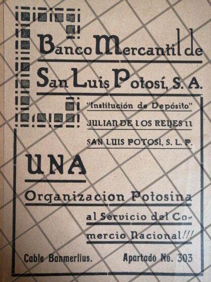 PUBLICIDAD ANTIGUA BANCO MERCANTIL DE SAN LUIS POTOSI 1933