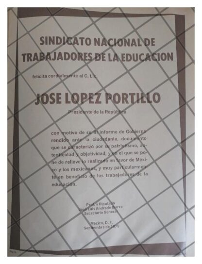 AFICHE POLITICO RETRO SINDICATO SNTE A LOPEZ PORTILLO