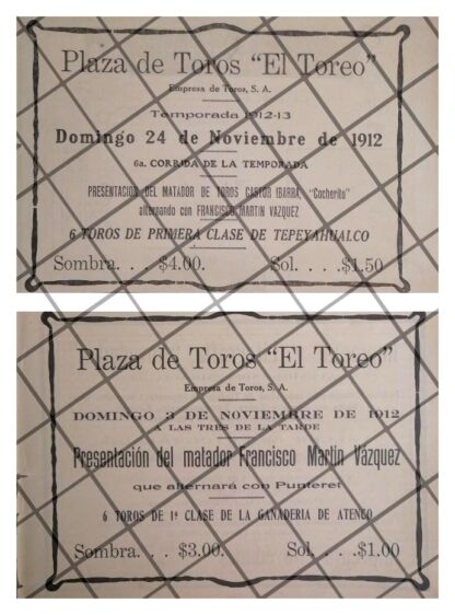 2 AFICHES ANTIGUOS DEBUT DE 2 TOREROS 1912 PLAZA EL TOREO