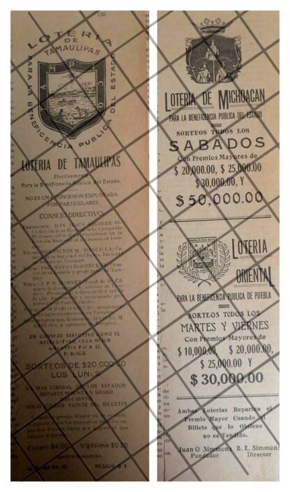 2 AFICHES RETRO LOTERIA DE MICHIACAN Y TAMAULIPAS 1926