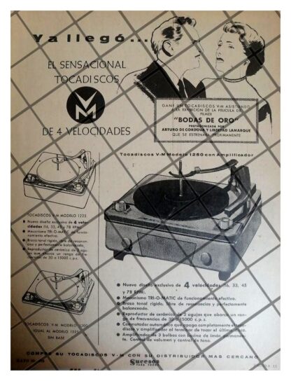 CARTEL PUBLICITARIO RETRO TOCADISCOS VOICE OF MUSIC 1956