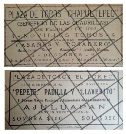 2 AFICHES RETRO PLAZAS DE TOROS CHAPULTEPEC Y EL TOREO 1923