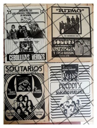 4 AFICHES RETRO. DISCOS PEERLESS Y GRUPOS DE LOS 70s