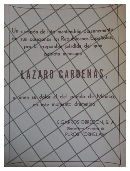 AFICHE RETRO CIGARROS OBREGON /MUERE LAZARO CARDENAS