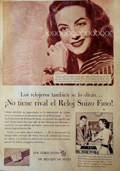 CARTEL ANTIGUO ORIGINAL DE . MARIA FELIX, RELOJES SUIZOS 1940s