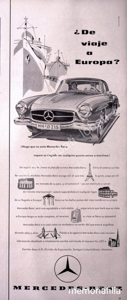 CARTEL ANTIGUO ORIGINAL DE AUTOS MERCEDES BENZ 190 SL 1961 /295 MUY RARO