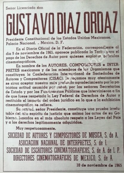 CARTEL ANTIGUO ORIGINAL DE LA ANDI, ANDA Y ARTISTAS AGRADECEN A DIAZ ORDAZ POR TARIFAS DE REGALIAS 1965