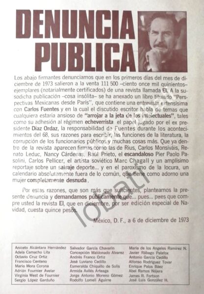 CARTEL ANTIGUO ORIGINAL DE DENUNCIA SATIRICA DE CARLOS FUENTES CONTRA LA REVISTA "EL" 1973