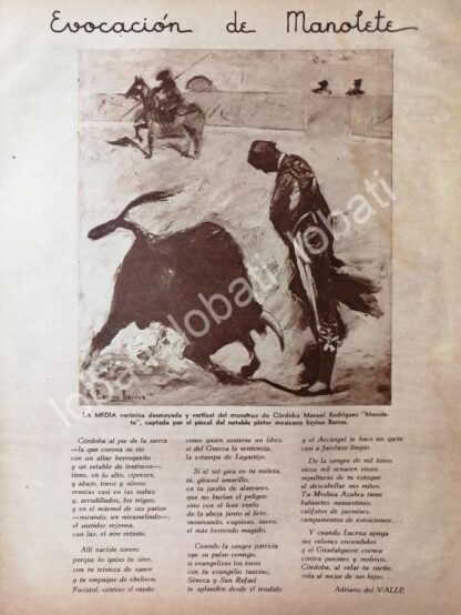 CARTEL ANTIGUO ORIGINAL DE EVOCACION A MANOLETE DIBUJO DE RUANO LLOPIS 1940s / TOROS