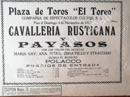 CARTEL ANTIGUO ORIGINAL DE PLAZA DE TOROS EL TOREO, RODEO, JARIPEO Y MAS 1917 / MUY RARO