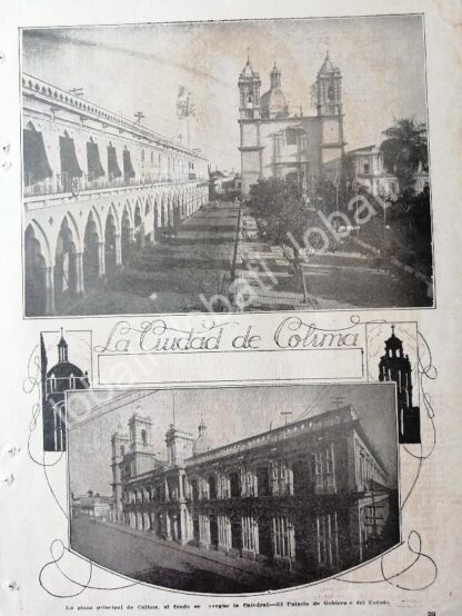 CARTEL ANTIGUO ORIGINAL DE CIDUAD DE COLIMA 1920s PLAZA PRINCIPAL Y CATEDRAL / LDM