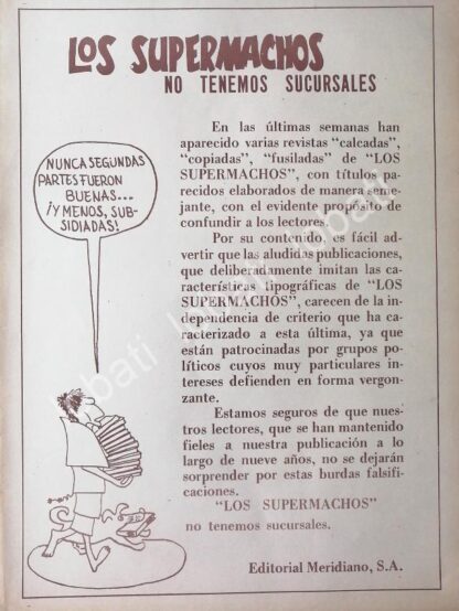 CARTEL ANTIGUO ORIGINAL DE EDITORIAL MERIDIANO (LOS SUPERMACHOS) ADVIERTEN SOBRE LA PIRATERIA 1973 RIUS