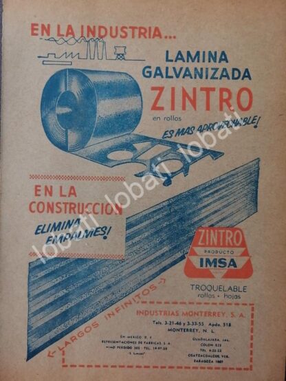 CARTEL ANTIGUO ORIGINAL DE IMSA INDUSTRIAS MONTERREY. LAMINA ZINTRO 1960 /715