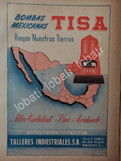 CARTEL ANTIGUO ORIGINAL DE BOMBAS HIDRAULICAS TISA.TALLERES INDUSTRIALES S.A /724 MONTERREY