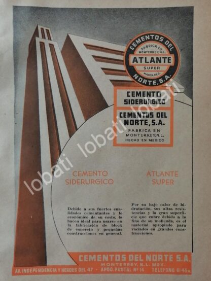 CARTEL ANTIGUO ORIGINAL DE CEMENTO ATLANTE. CEMENTOS DEL NORTE 1952 /725 MONTERREY