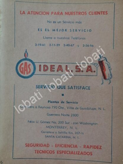 CARTEL ANTIGUO ORIGINAL DE GAS IDEAL S.A 1965 /729 MONTERREY