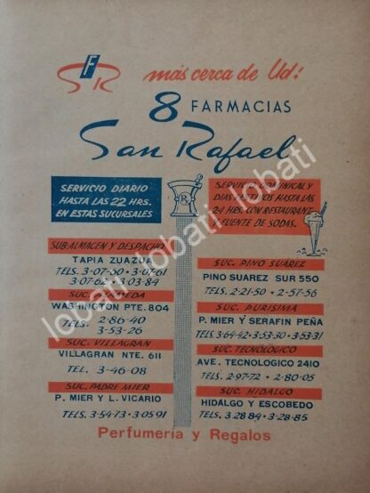 CARTEL ANTIGUO ORIGINAL DE FARMACIA SAN RAFAEL 1965 MONTERREY /730