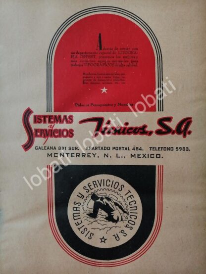 CARTEL ANTIGUO ORIGINAL DE SISTEMAS Y SERVICIOS TECNICOS S.A 1942 /723 MONTERREY