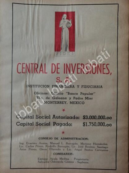 CARTEL ANTIGUO ORIGINAL DE BANCO- CENTRAL DE INVERSIONES S.A 1942 /230