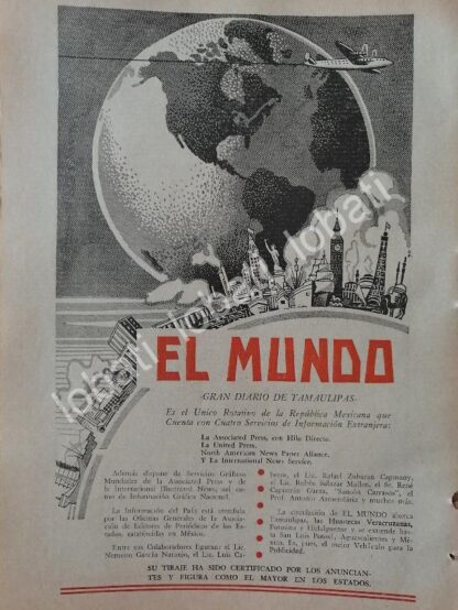 CARTEL ANTIGUO ORIGINAL DE AFICHE DEL DIARIO EL MUNDO 1950 TAMAULIPAS /68 - Imagen 2