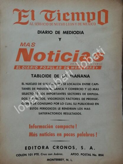 CARTEL ANTIGUO ORIGINAL DE EDITORA CRONOS 1966, DIARIO EL TIEMPO / N79 MONTERREY