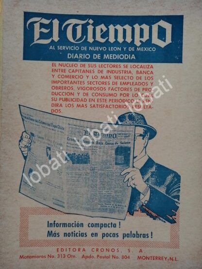 CARTEL ANTIGUO ORIGINAL DE AFICHE DEL PERIODICO EL TIEMPO 1965 / N84 MONTERREY