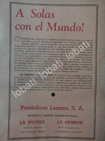 CARTEL ANTIGUO ORIGINAL DE AFICHE DE PERIODICOS LOZANO S.A. TEXAS 1942 / N88 IGNACIO LOZANO