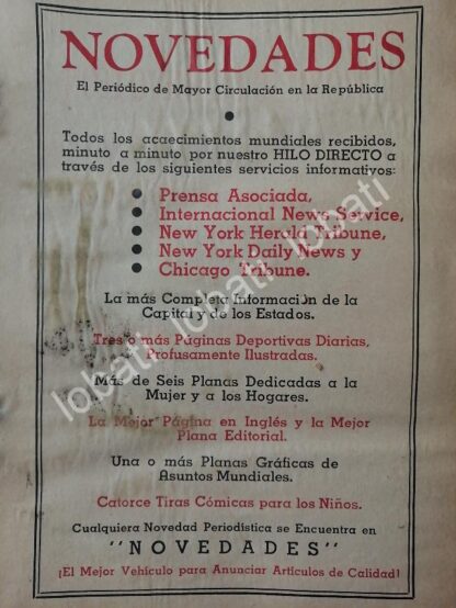 CARTEL ANTIGUO ORIGINAL DE AFICHE DE PERIODICOS NOVEDADES 1942. / N90