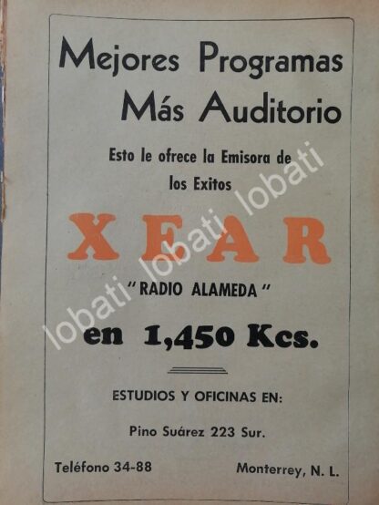 CARTEL ANTIGUO ORIGINAL DE RADIO DIFUSORA XEAR 1952 MONTERREY. / N91