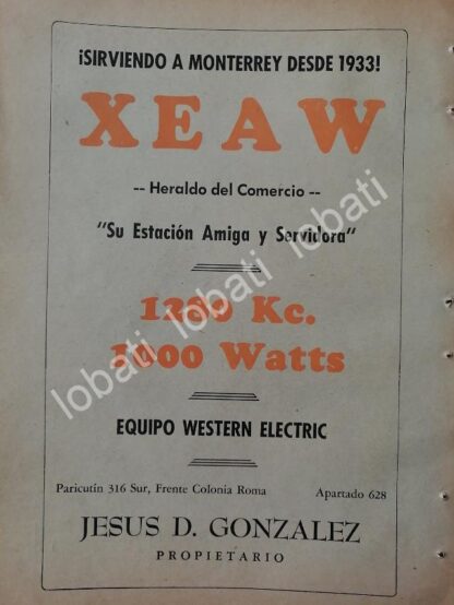 CARTEL ANTIGUO ORIGINAL DE RADIO DIFUSORA XEAW 1952 MONTERREY. / N92