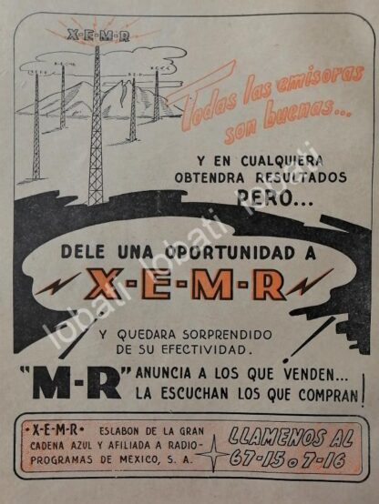 CARTEL ANTIGUO ORIGINAL DE RADIO DIFUSORA XEMR 1952 MONTERREY. / 93