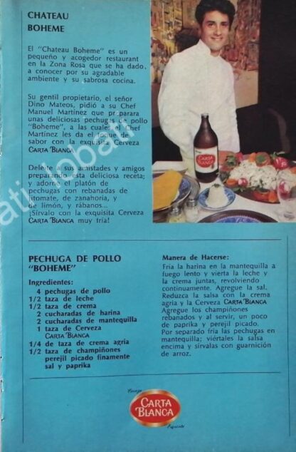 CARTEL ANTIGUO ORIGINAL DE CERVEZA CARTA BLANCA Y RESTAURANTE CHATEAU BOHEME 1970s /196