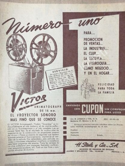 CARTEL ANTIGUO ORIGINAL DE PROYECTOR VICTOR ANIMATOGRAPH 16mm 1952 /14