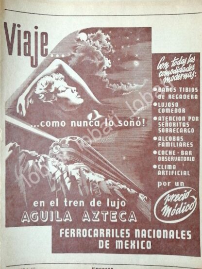 CARTEL ANTIGUO ORIGINAL DE TREN AGUILA AZTECA 1953 FERROCARRILES NACIONALES /204