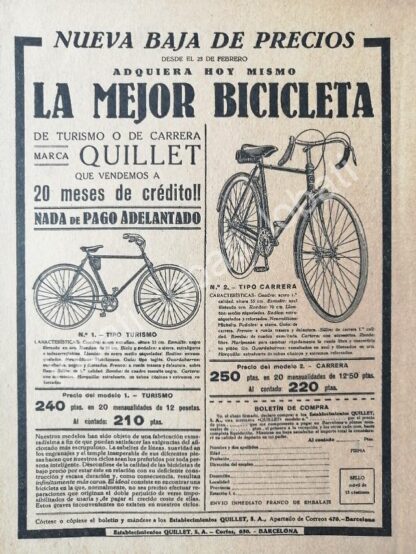 CARTEL ANTIGUO ORIGINAL DE BICICLETAS QUILLET 1914 / ESPAÑA