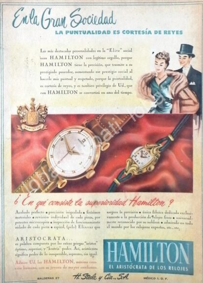 CARTEL ANTIGUO ORIGINAL DE RELOJES HAMILTON 1940s ALMACENES H. STEELE & CIA / 64