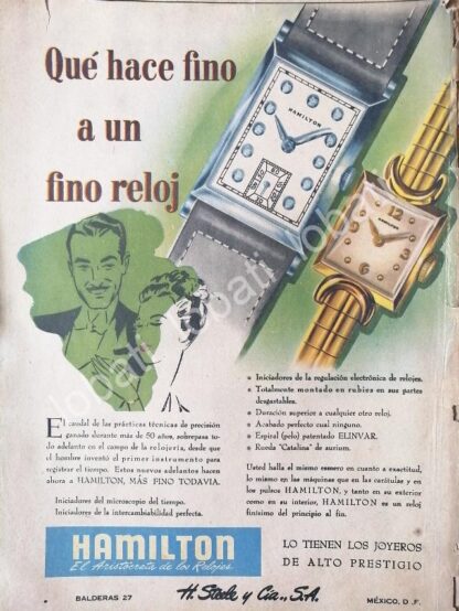 CARTEL ANTIGUO ORIGINAL DE RELOJES HAMILTON 1940s ALMACENES H. STEELE & CIA / 63