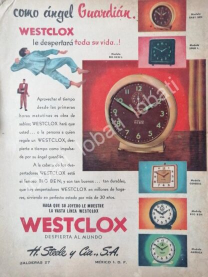 CARTEL ANTIGUO ORIGINAL DE RELOJES WESTCLOX 1940s ALMACENES H. STEELE & CIA / 61