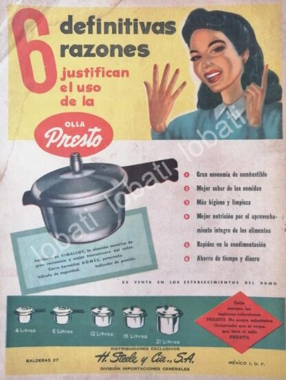 CARTEL ANTIGUO ORIGINAL DE OLLAS PRESTO 1953 IMPORTADORA H. STEELE Y CIA. /7