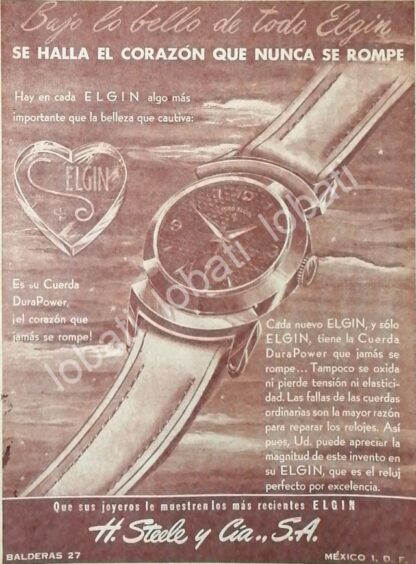 CARTEL ANTIGUO ORIGINAL DE RELOJES ELGIN 1953 ALMACENES H. STEELE & CIA / 56