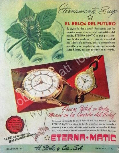 CARTEL ANTIGUO ORIGINAL DE RELOJES ETERNA MATIC 1953 IMPORTADORA H. STEELE & CIA / 50